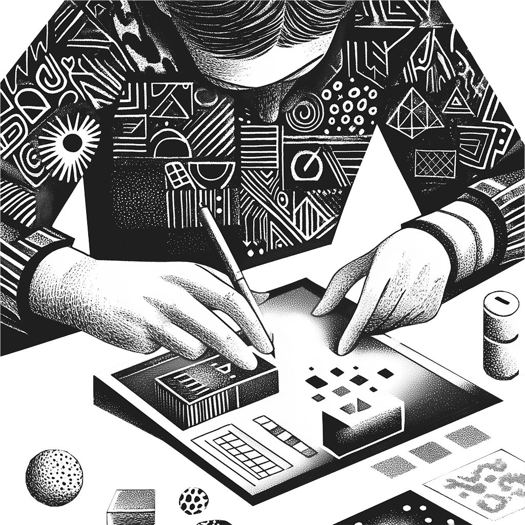 Black and white illustration of a person crafting a geometric design. The hands are skillfully manipulating shapes on a table.