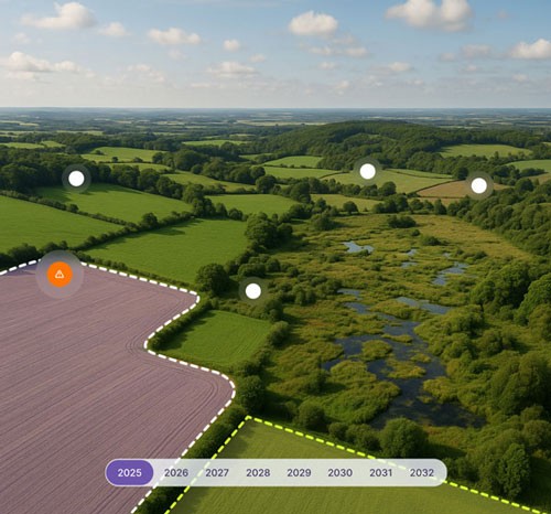 A landscape view of farmland and wetlands with map markers and a timeline overlay