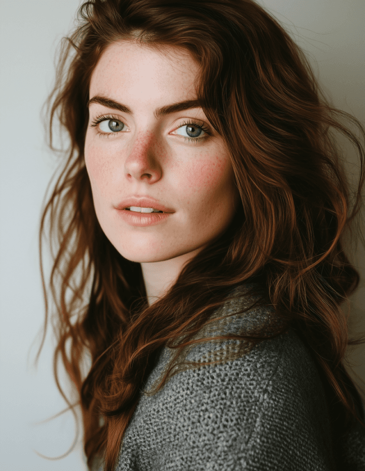 Close-up portrait of a young woman with long, wavy auburn hair and light eyes.