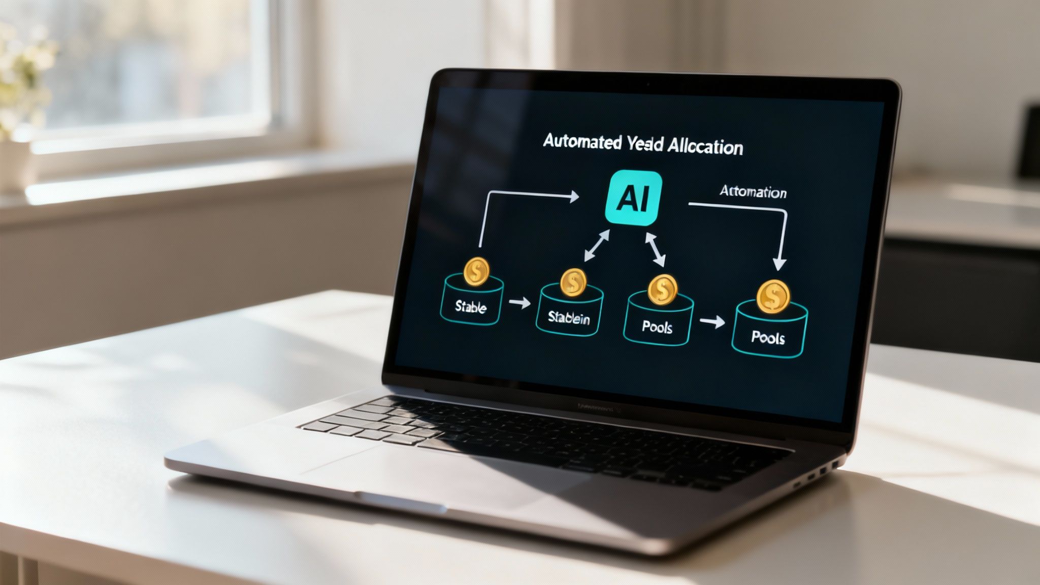 A laptop displays a diagram illustrating automated yield allocation using AI, stablecoins, and liquidity pools.