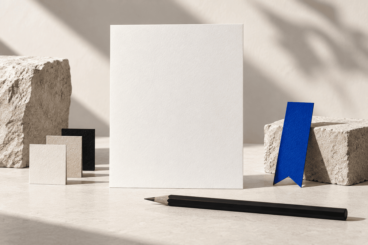 A blank brief card with reference swatches, a pencil, and a blue bookmark.