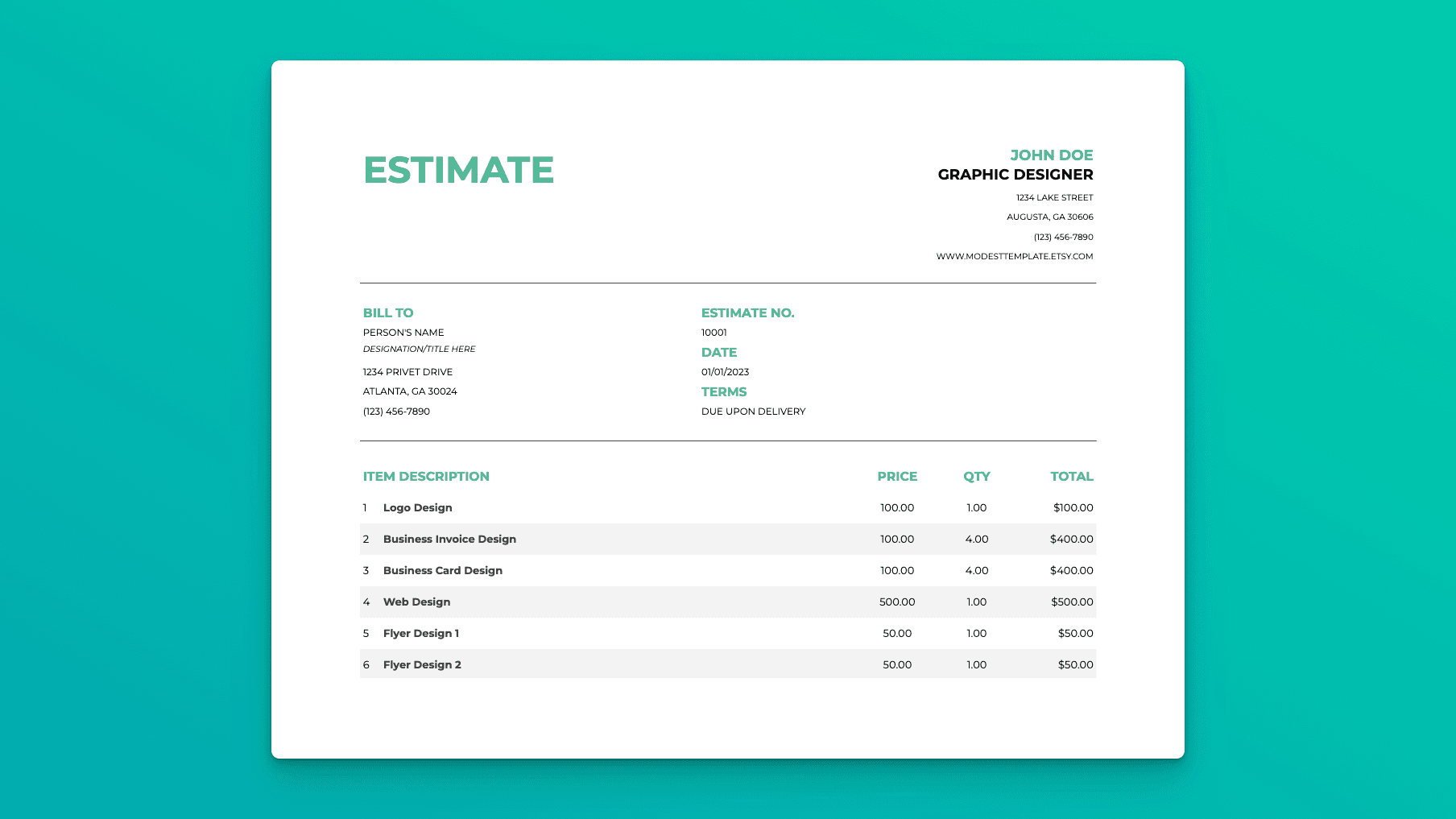 Estimate spreadsheet template displaying itemized services, quantities, and totals for professional client proposals.