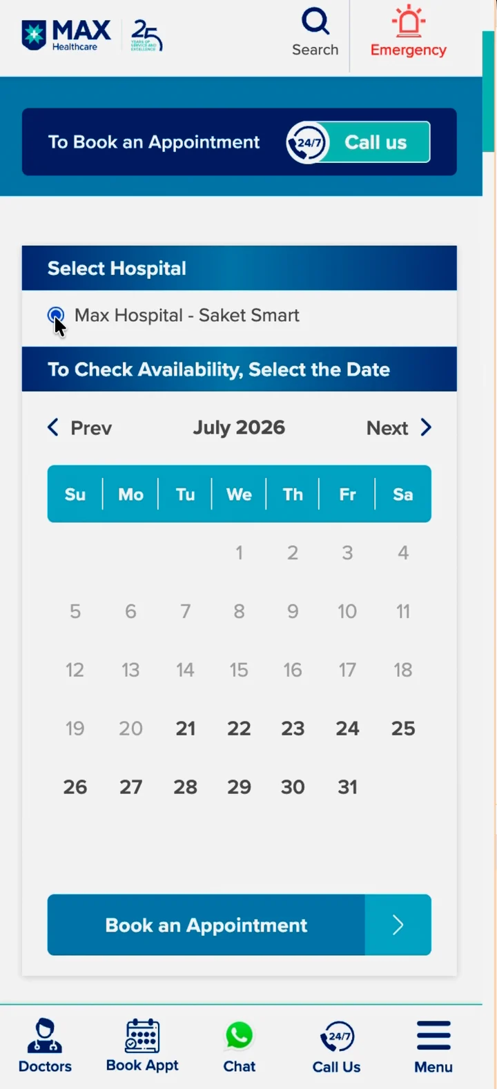 Max Healthcare booking site: Max Smart Saket selected as the location, with the July date picker.
