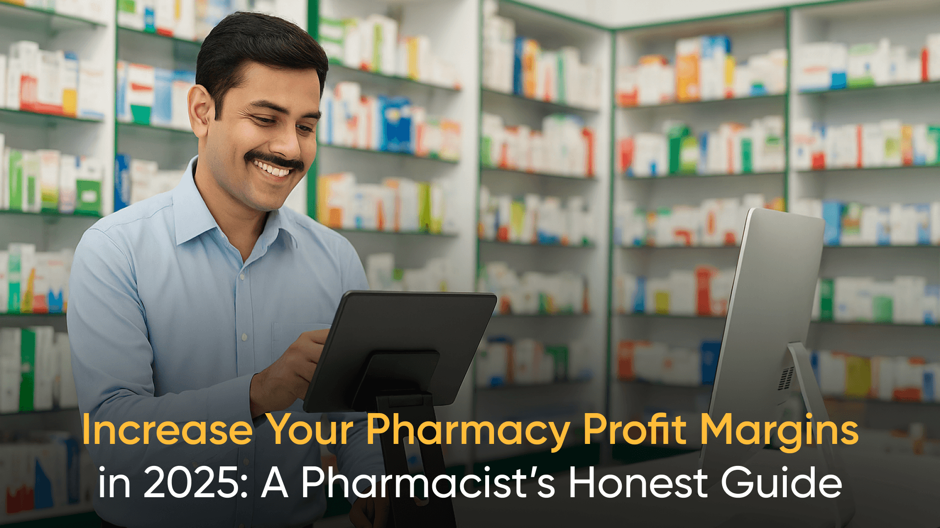 Indian pharmacist smiling while using pharmacy billing software at a digital POS counter with shelves full of medicines in the background. - how to increase pharmacy profit margins 2025 - best pharmacy software for independent pharmacies - reduce inventory waste in pharmacy - fix pharmacy billing errors - improve pharmacy staff productivity - pharmacy inventory management tips - pharmacy tech for profit growth - honest guide to pharmacy profit - pharmacy software review Pharmacy Pro