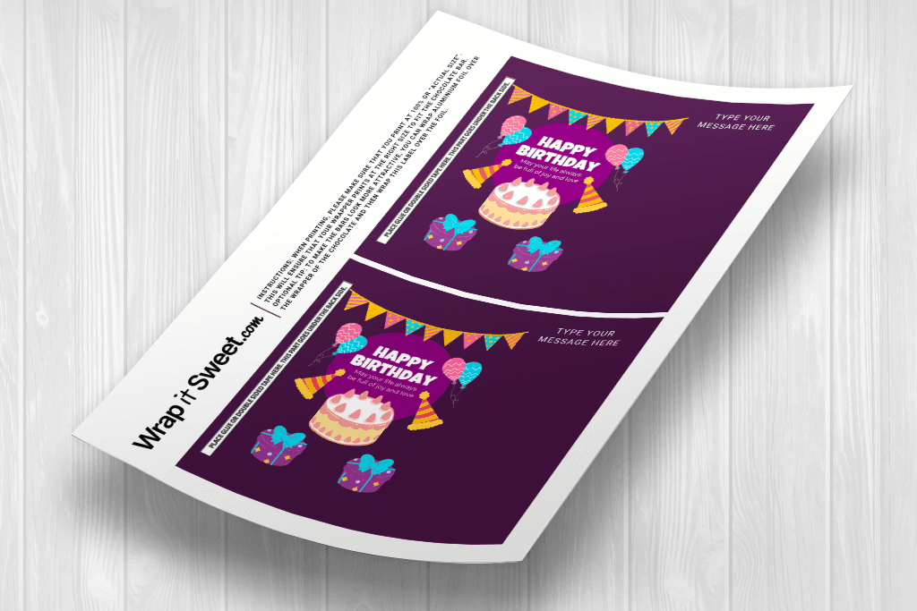 Stylish purple birthday chocolate bar wrappers for Hershey's 1.55oz bars. Editable PDF with Canva link adds a festive touch to parties, gifts, and celebrations!