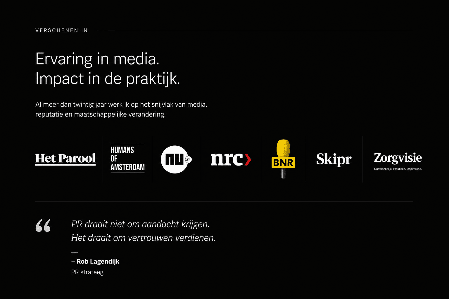Rob Lagendijk PR strateeg met twintig jaar ervaring in earned media, reputatie en maatschappelijke impact. Verschenen in Het Parool, Humans of Amsterdam, NU.nl, NRC, BNR, Skipr en Zorgvisie.