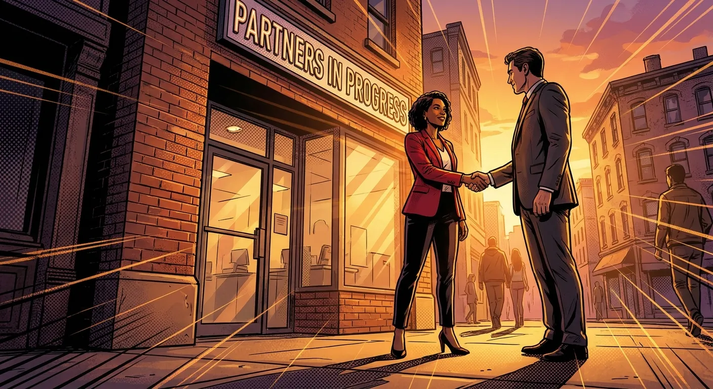 Handshake outside an agency; RockN' Socials Digital Marketing partnership.