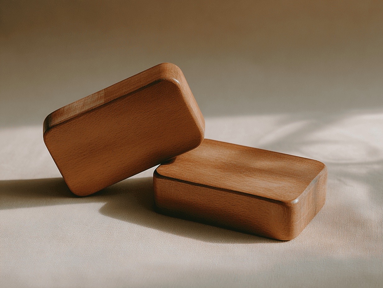 Two rounded rectangular wooden blocks displayed on a soft beige surface with warm directional sunlight and subtle shadows