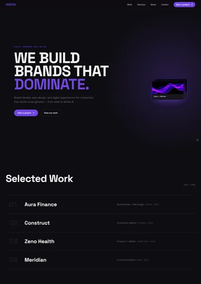 Digital agency website prompt — dark near-black and electric violet brand digital creative agency website design preview