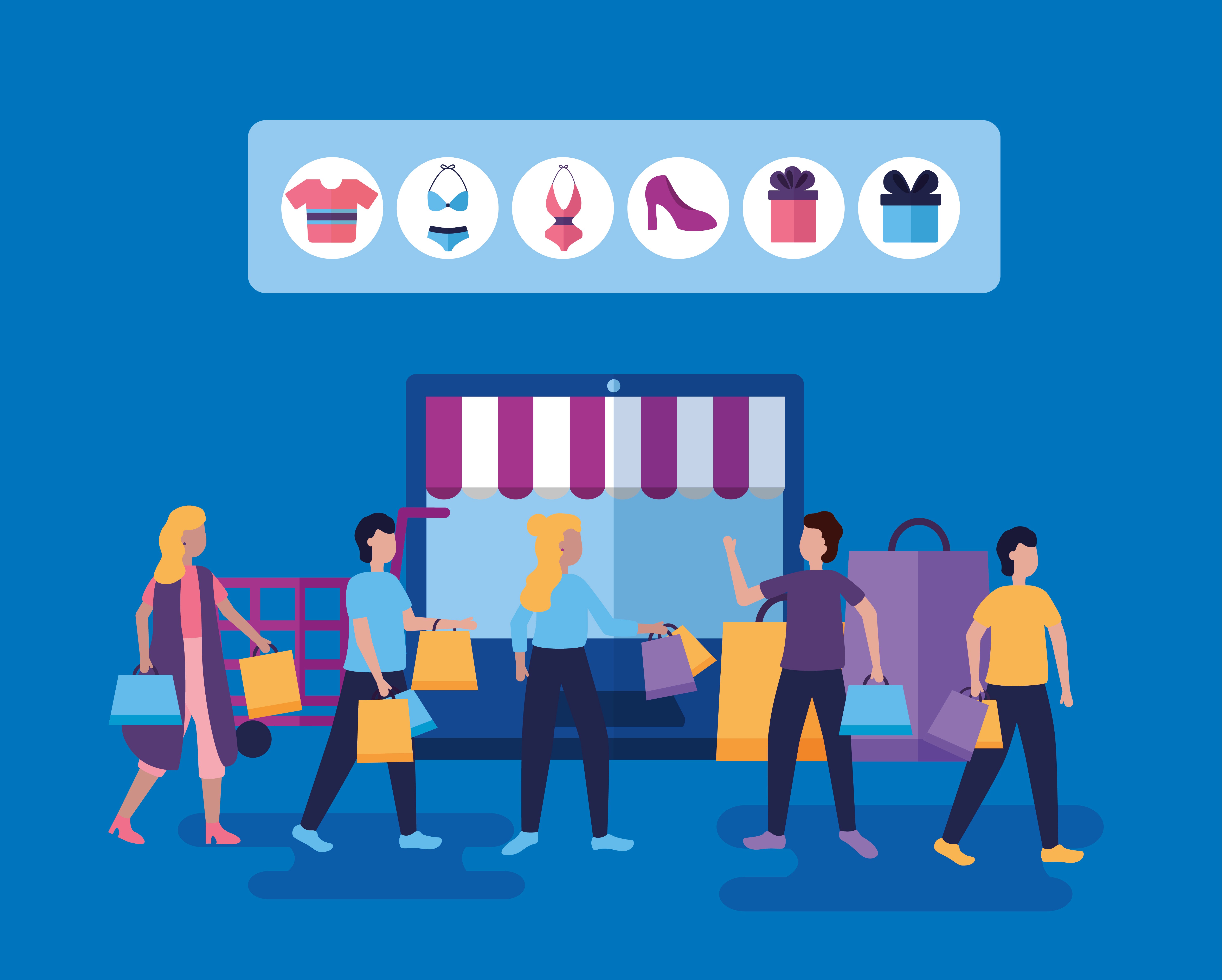 Illustration of shoppers with bags around a digital storefront displaying fashion and gift product category icons