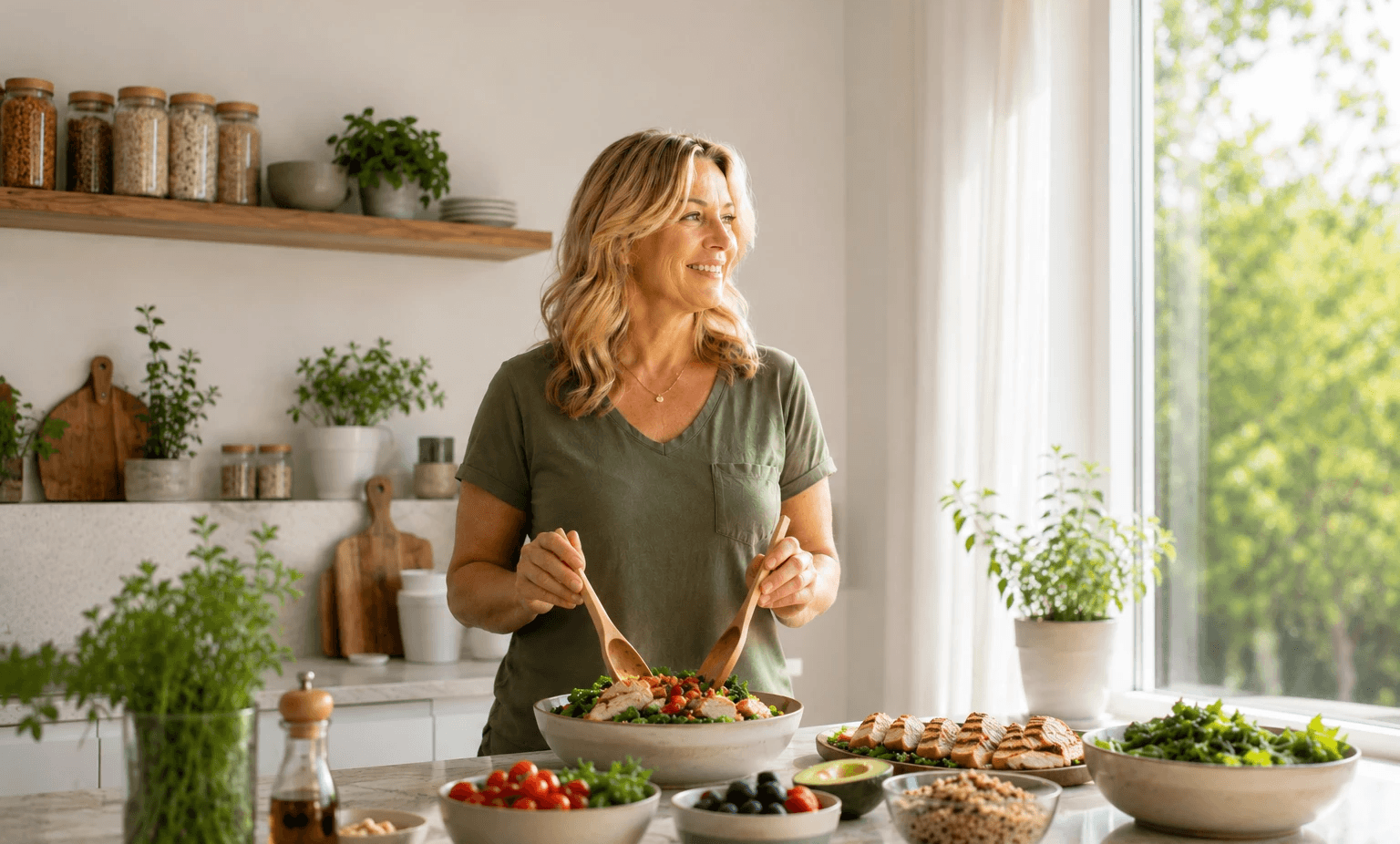 A smiling woman stands in her kitchen slicing vegetables.
