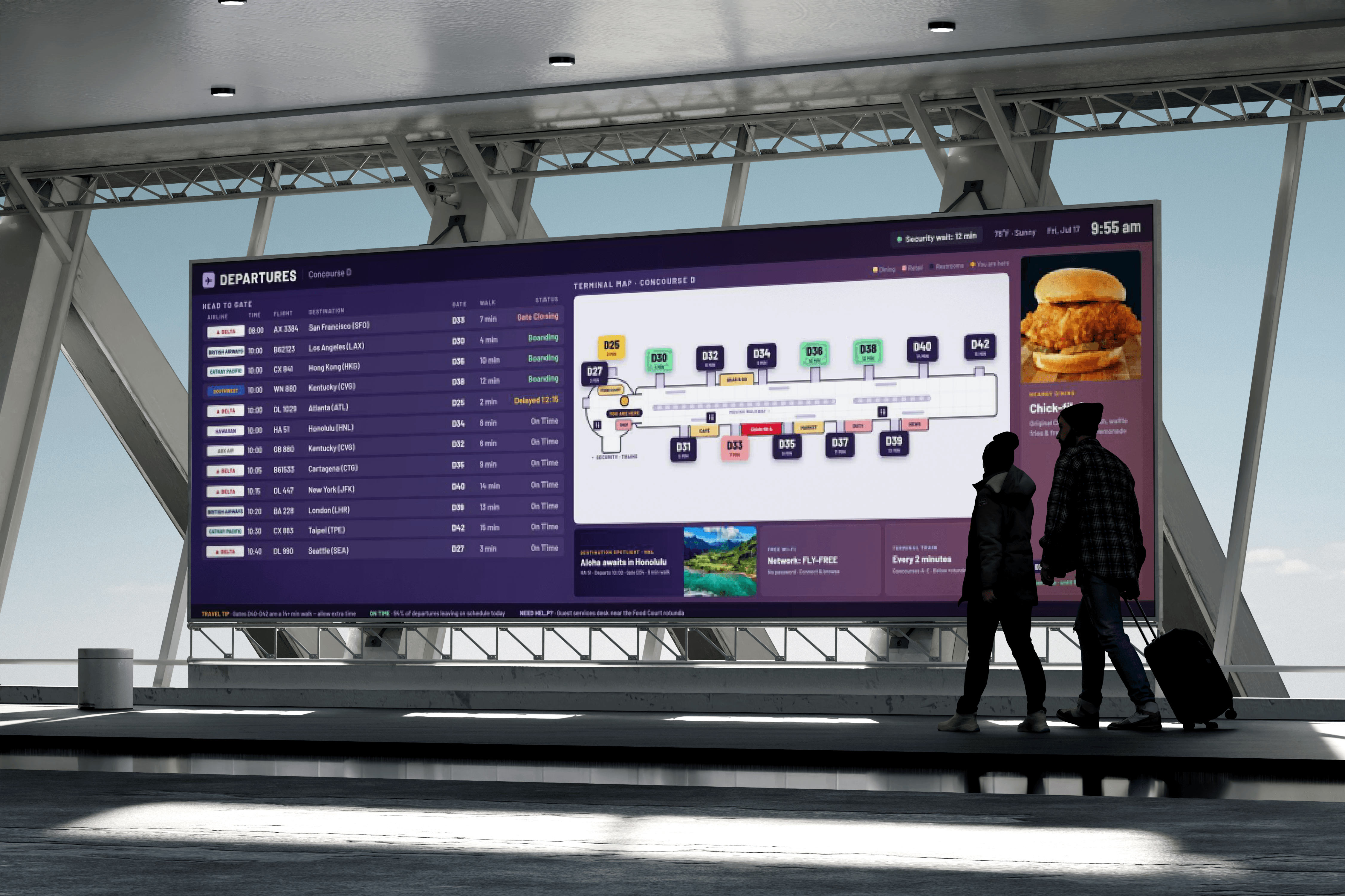 A mock up of a smart departures board, with clear flights and engaging imagery