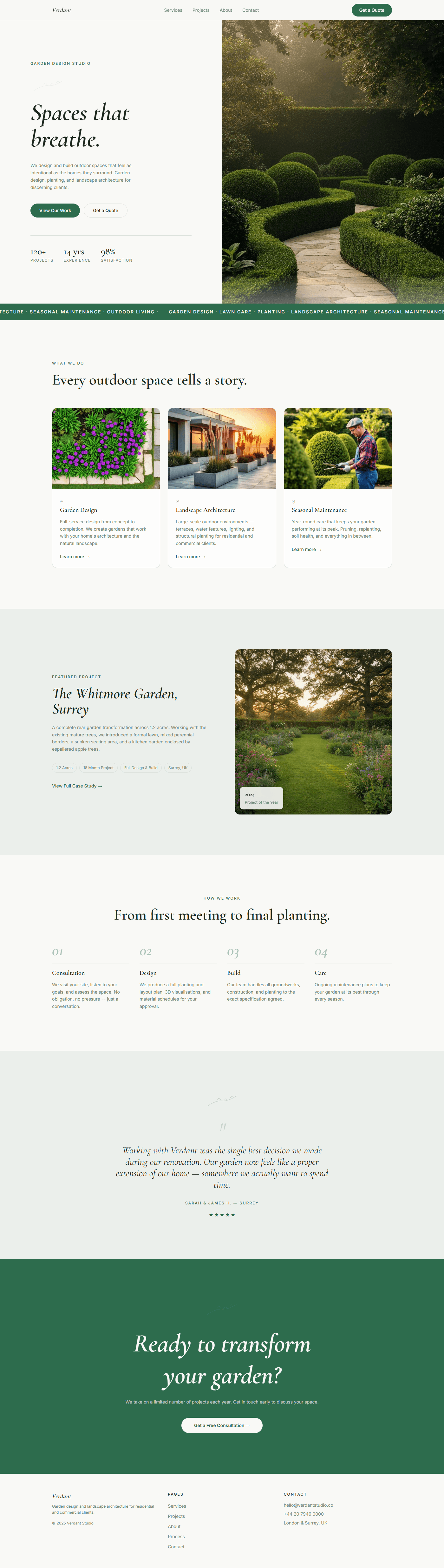 Landscaping Website Prompt preview — hero section with split layout, italic serif headline "Spaces that breathe", formal garden photography, stats row, and green marquee ticker