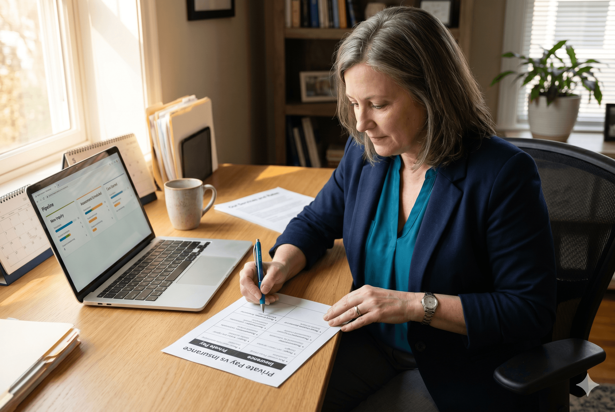 An older woman sits at an organized desk, reviewing a document labeled "Private Pay vs Insurance" while working on her laptop.