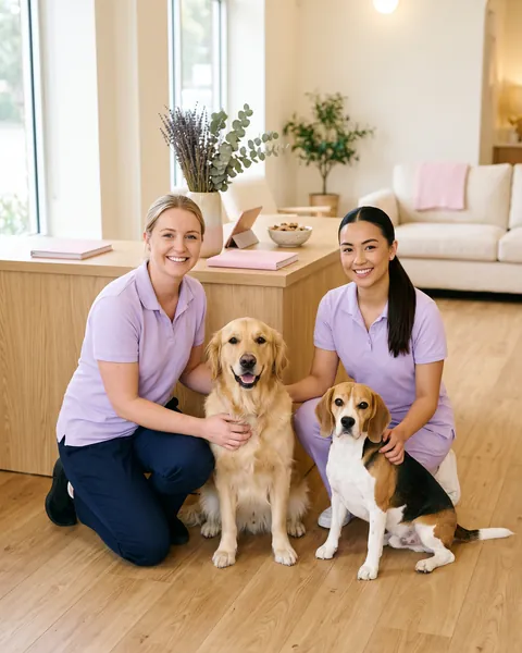 Two PawCare carers with a golden retriever and a beagle at the front desk