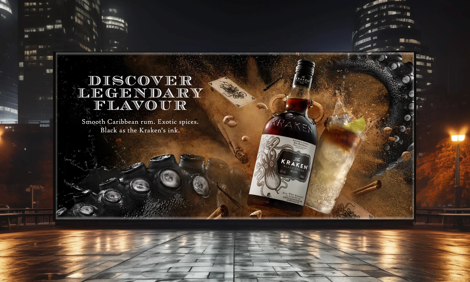 Billboard showing ad of Kraken rum bottle with exploding spices, text saying 'Discover Legendary Flavour'