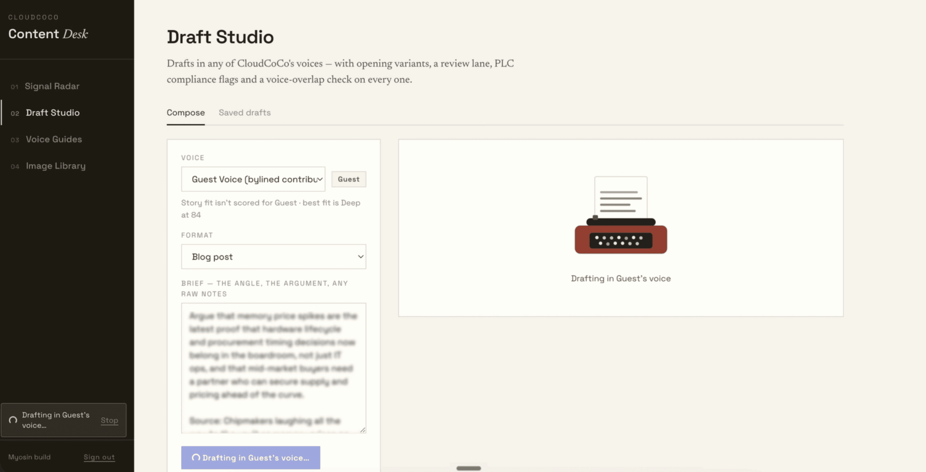 Drafts Studio starts the draft with the context, source material, angle, format, and voice.