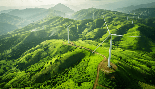 Aerial view of green hills with wind turbines, representing renewable energy tracking in ESG systems.