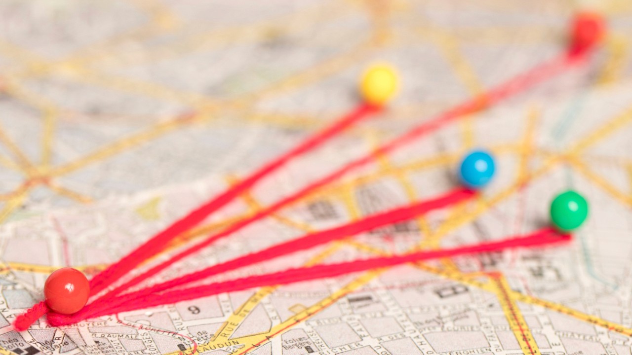 Colourful pins on map