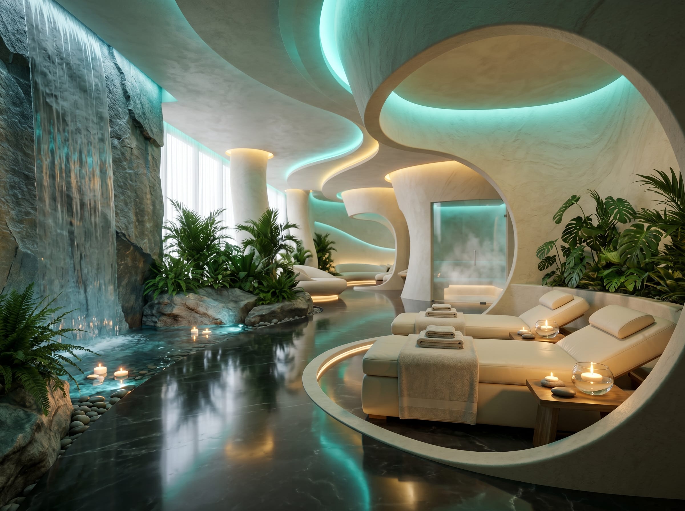 Modern luxury spa interior with waterfall