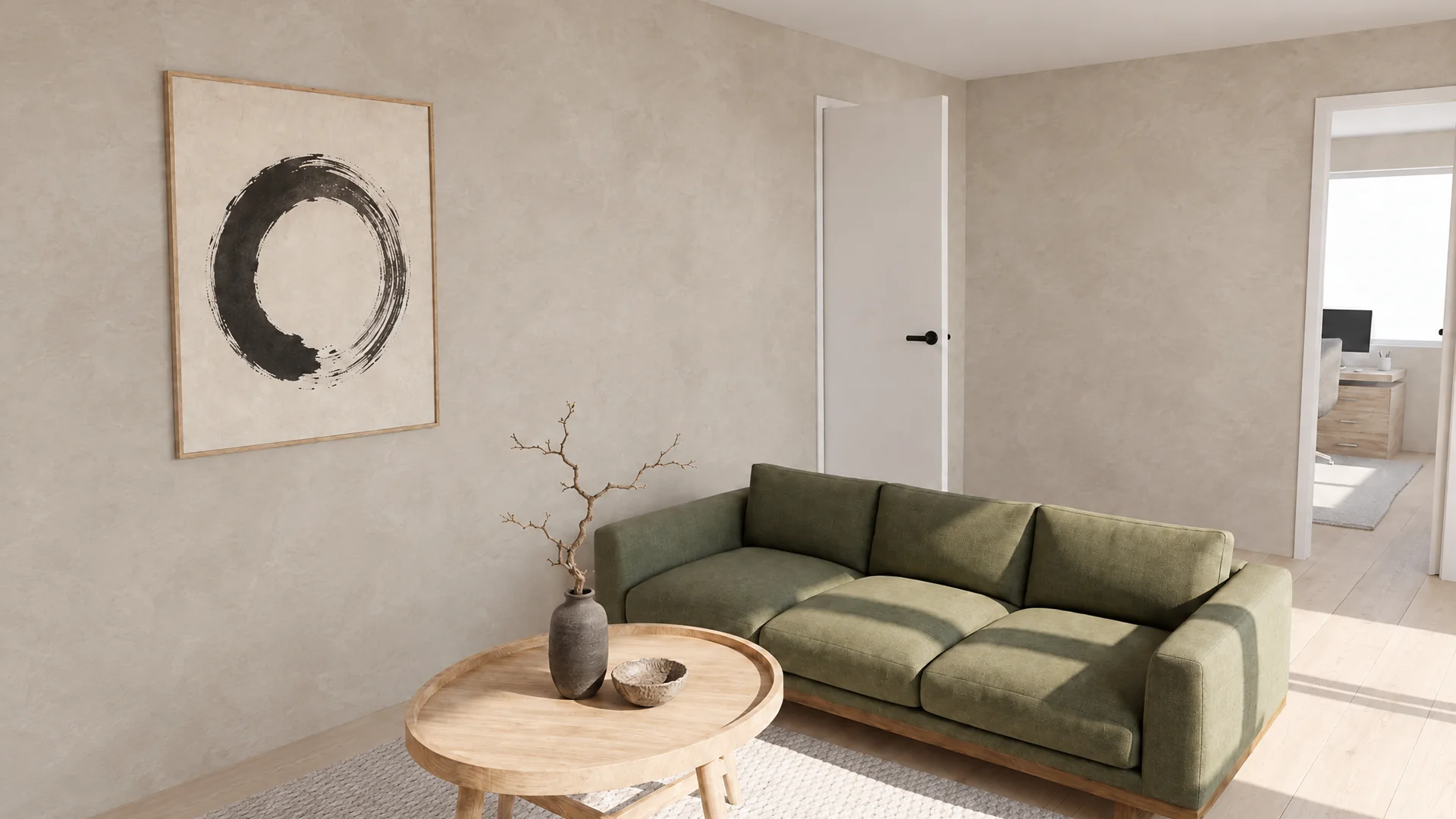Rendered Japandi living room with the same green fabric sofa