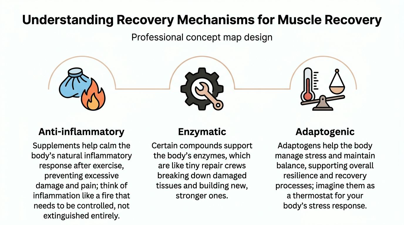 A professional infographic titled Understanding Recovery Mechanisms for Muscle Recovery, showing anti-inflammatory, enzymatic, and adaptogenic processes.