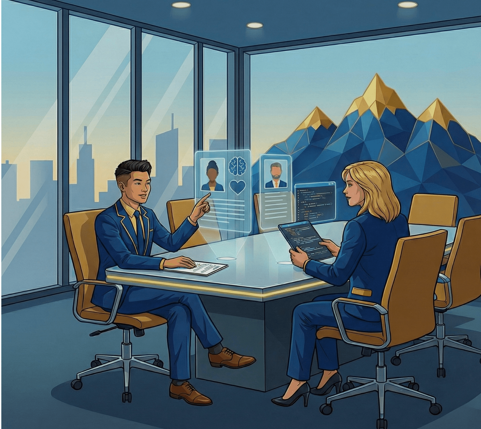 Two specialized recruiters analyzing digital candidate profiles on holographic screens...