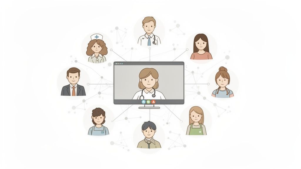 An illustration of a female doctor conducting a video call, connected to various healthcare professionals and individuals.