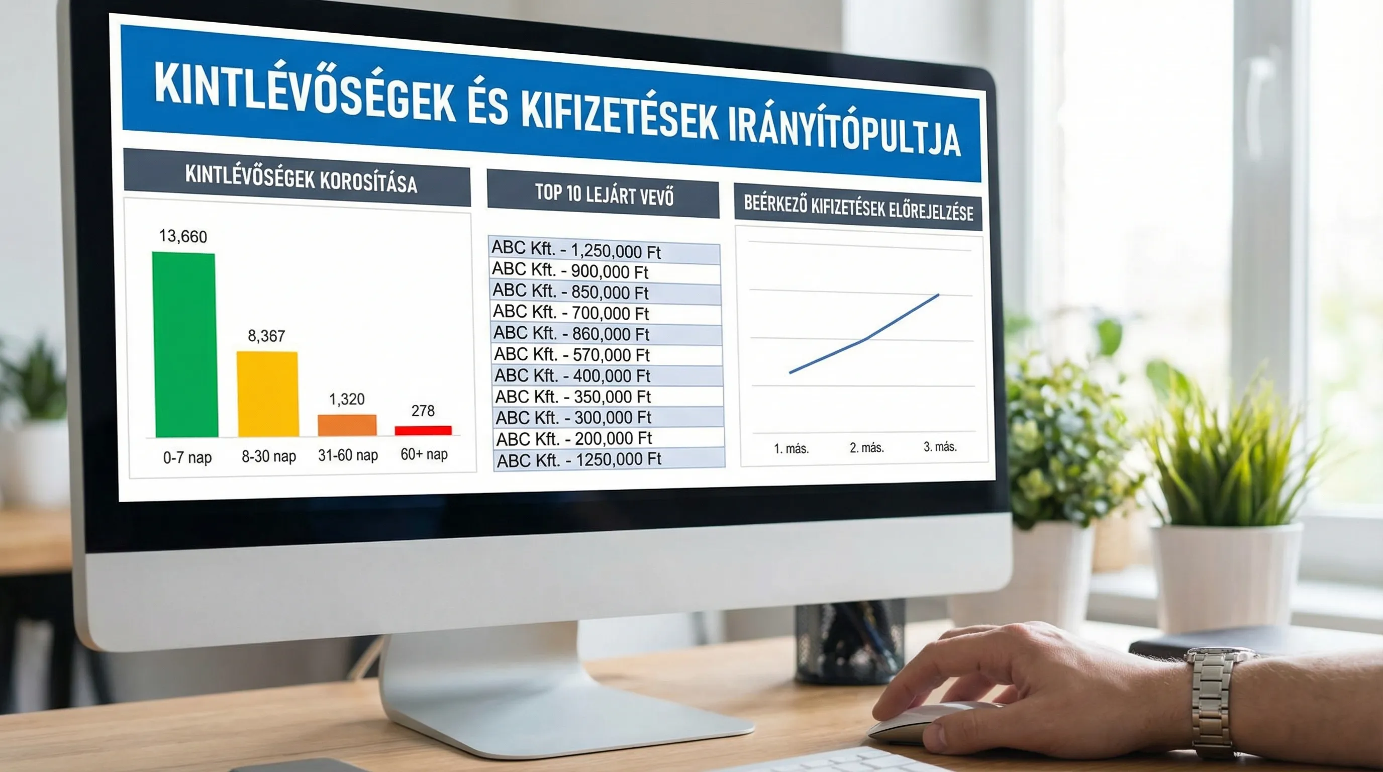 Egy üzleti irányítópult koncepciója, ahol a kintlévőségek korosítása (0-7, 8-30, 31-60, 60+ nap), a top 10 lejárt vevő és a beérkező kifizetések előrejelzése látható egyszerű grafikonokon és táblázatban.