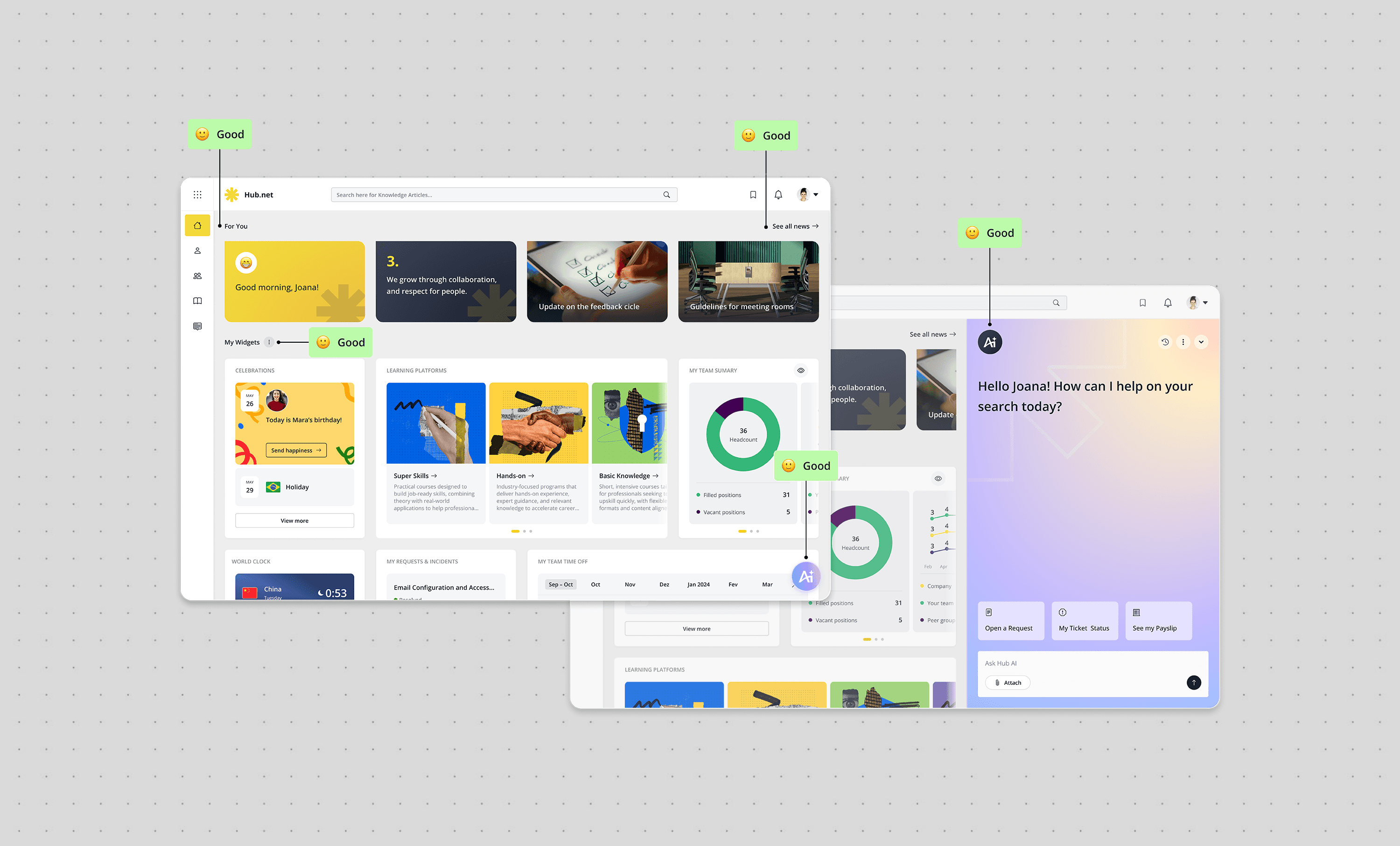 Two website interfaces on a purple background, showcasing graphs, images, and a chat feature.