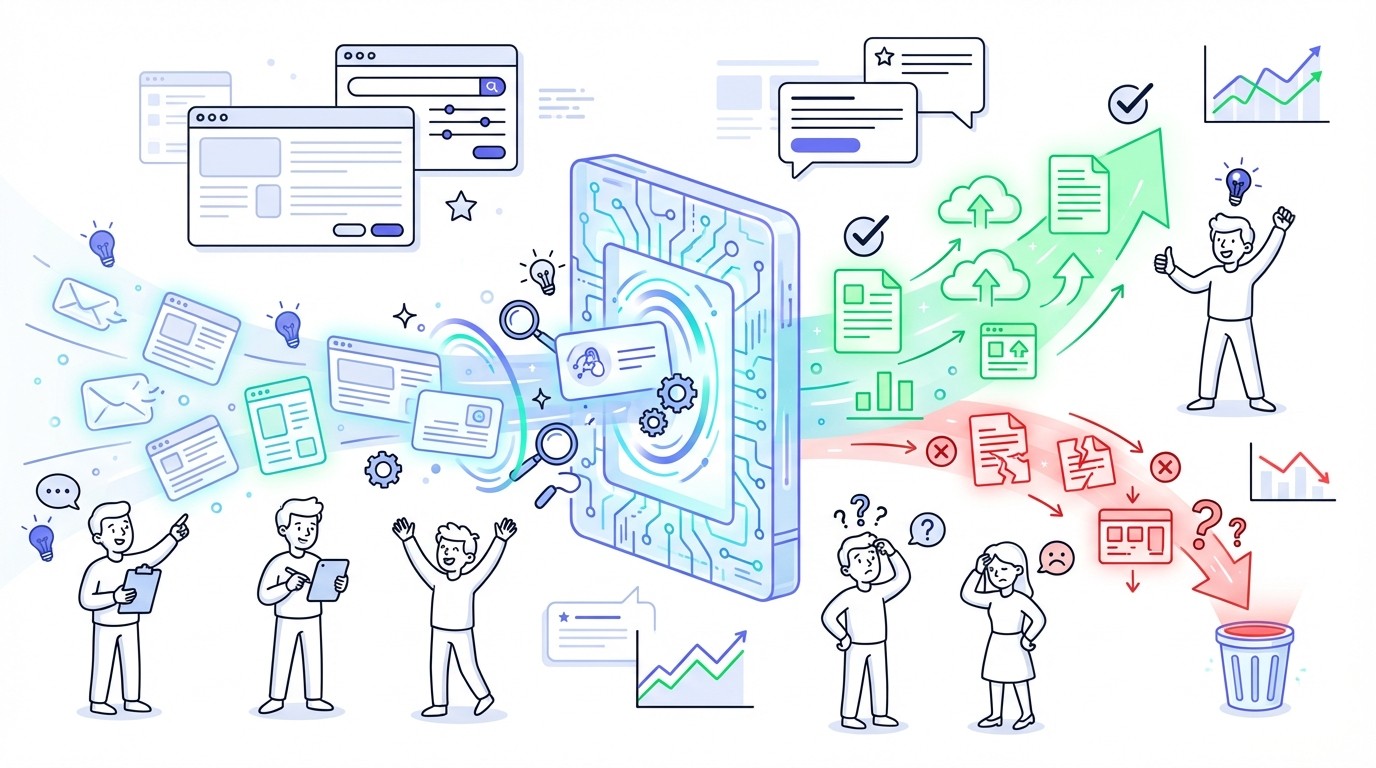 An illustration of a digital 'trust filter' system. Abstract digital content enters a glowing blue and teal gateway. Inside, it's processed. On the other side, helpful content emerges, glowing green with a checkmark, while unhelpful content is filtered out, glowing red with an 'X'.