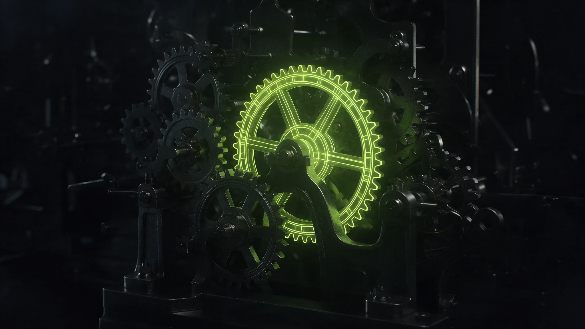 Precise interlocking metal gears in darkness, one gear glowing green