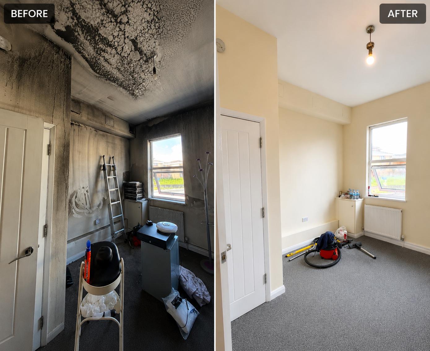 Before and after fire-damaged room restoration