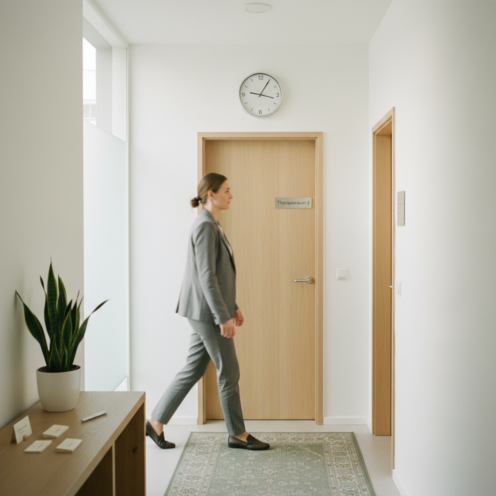 Ein heller Praxisflur mit weißer Wand, an einer Tür ein schlichtes Schild mit der Aufschrift Therapieraum 2. Eine Uhr zeigt kurz vor der vollen Stunde. Gedämpfte Schritte klingen, während jemand den Raum verlässt. Die Atmosphäre ist ruhig und geordnet, bereit für den nächsten Termin.