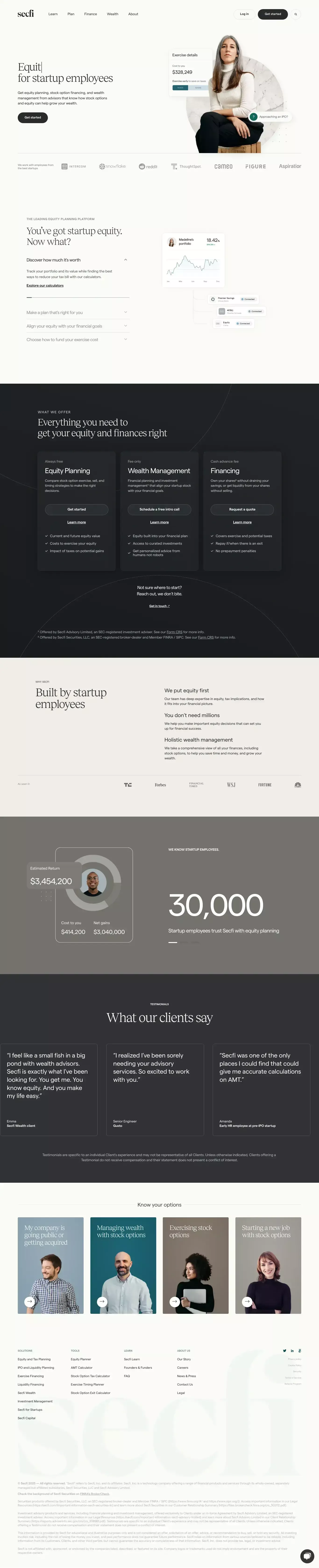 Secfi landing page screenshot showcasing Tech and Finance design