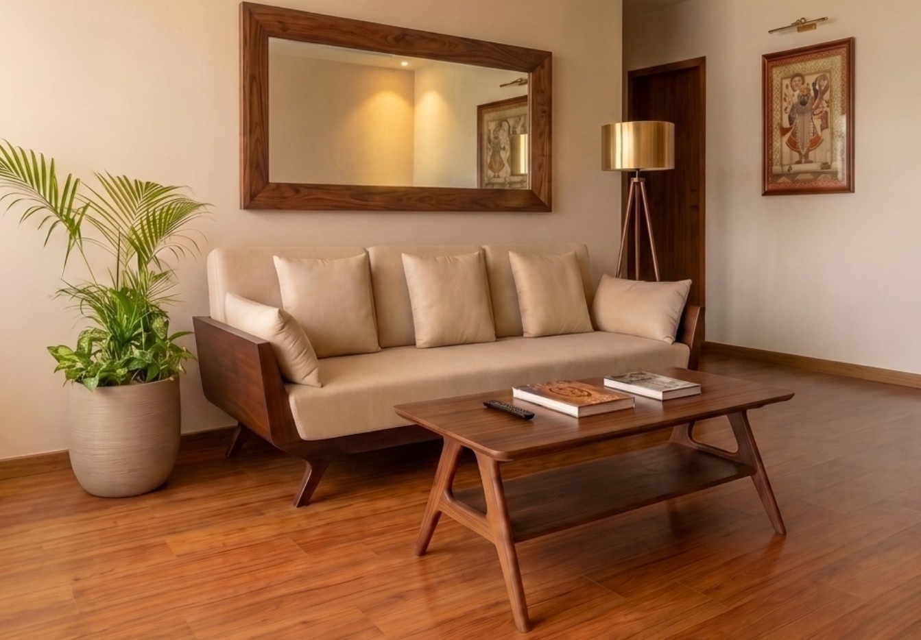 Luxury contemporary sofa with neutral fabric upholstery and exposed wooden frame