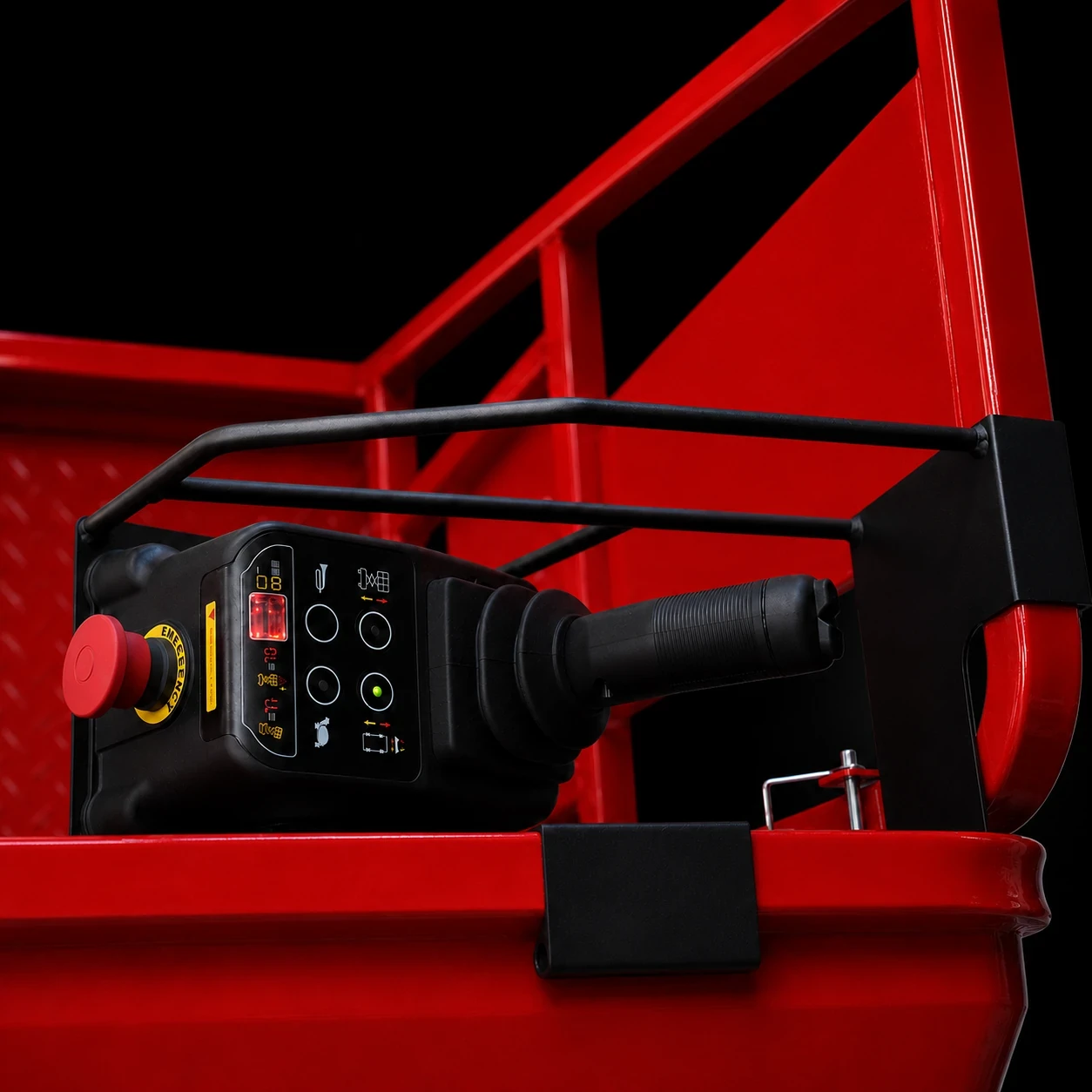 Electric scissor lift platform control panel with joystick and emergency stop button