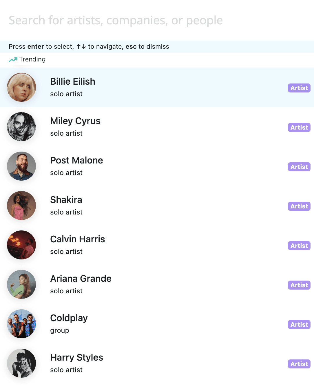 An image showing how easy it is to search for artists & artist team info on ROSTR's music industry directory