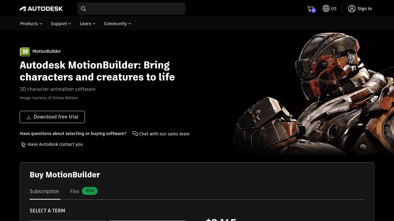 Screenshot of the Autodesk MotionBuilder website displaying 3D character animation software information