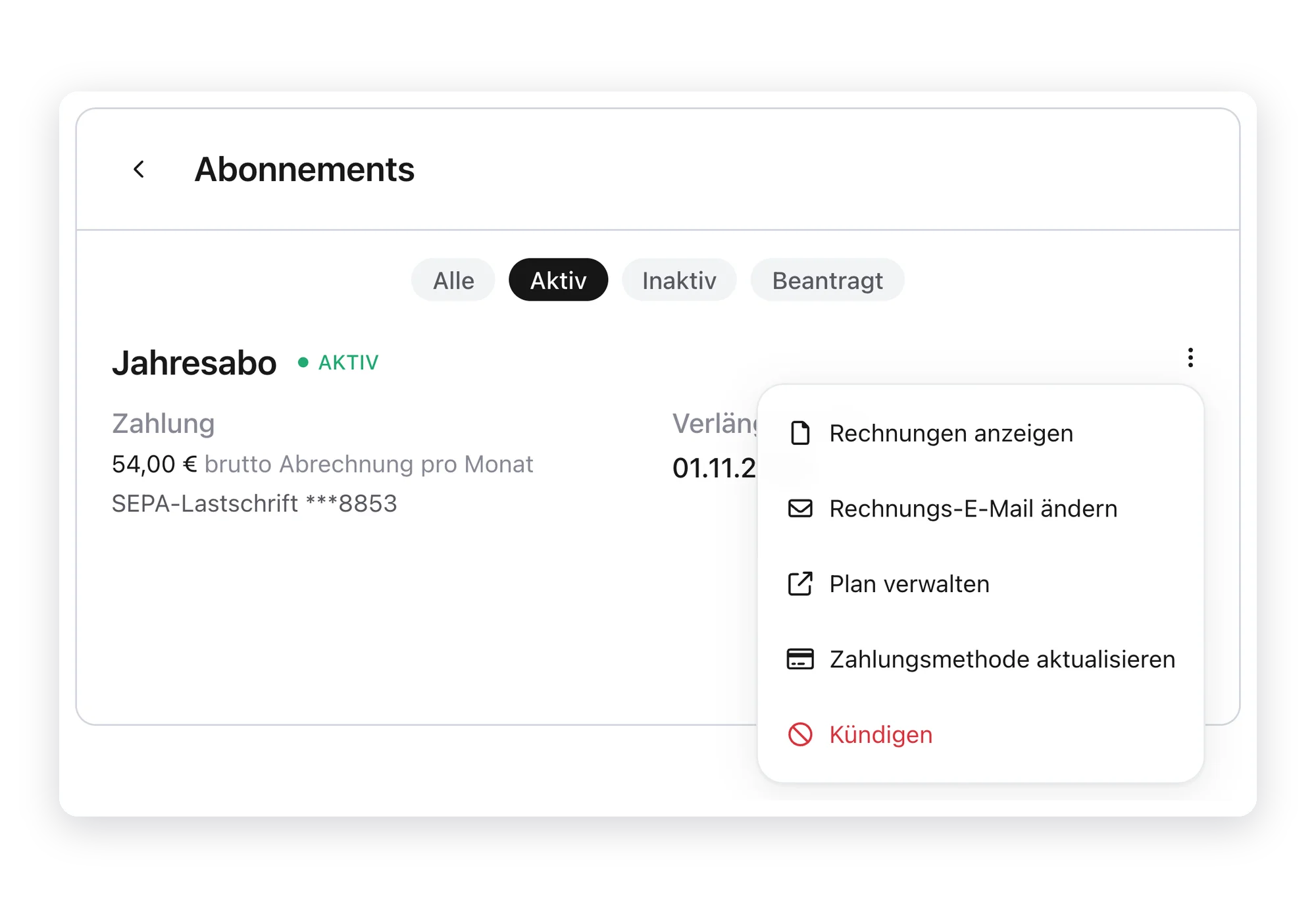 Abo im Kundenkonto mit Aktionen: Rechnungen, Plan verwalten, Zahlungsmethode, Kündigen