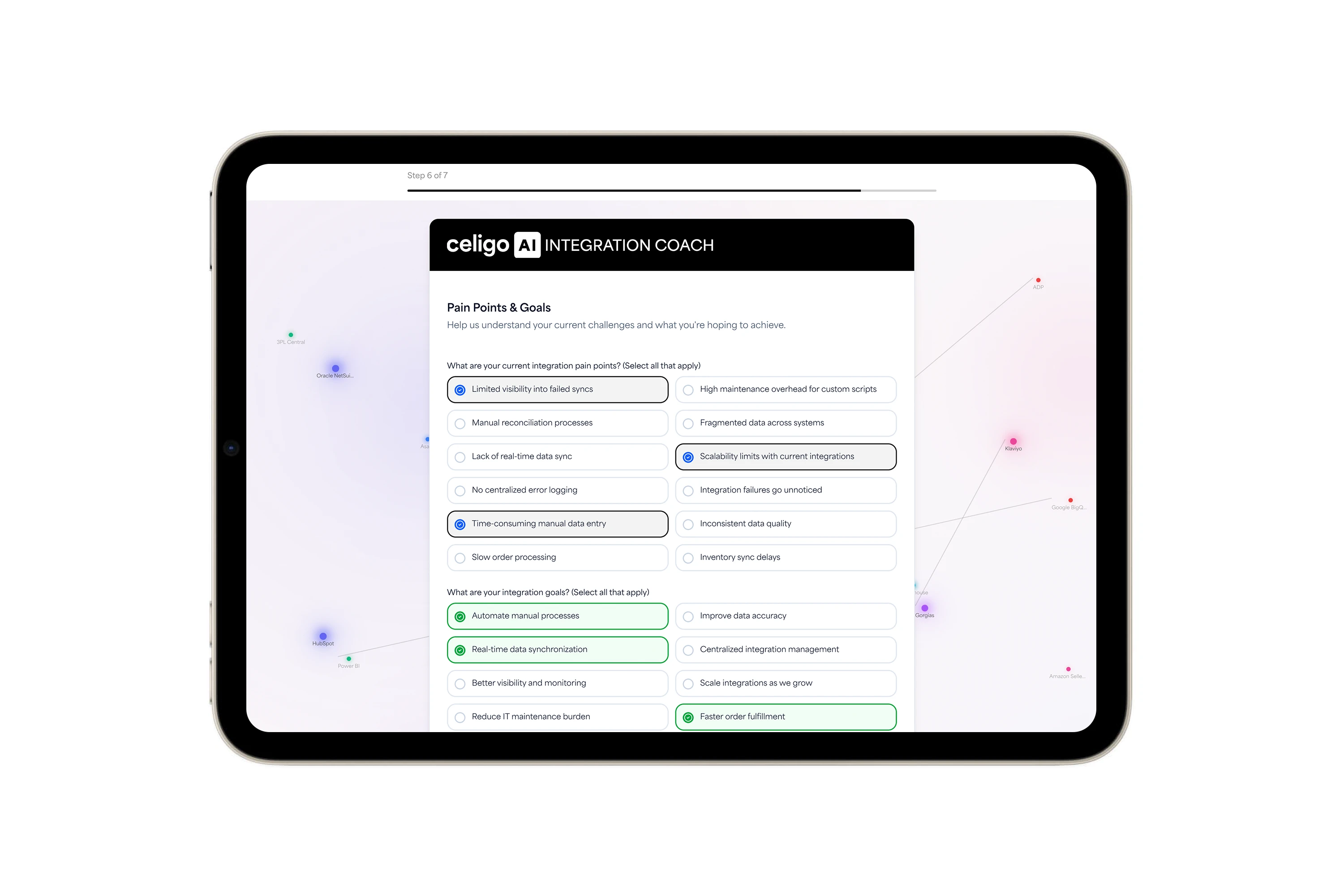 Assessment tool pain points and goals input screen