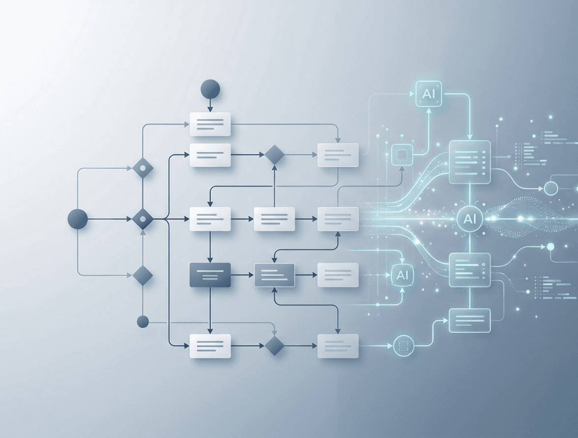 Abstract illustration of structured business workflows transitioning into AI-driven automation and data integration, representing process-first implementation by Straviont as a monday.com partner