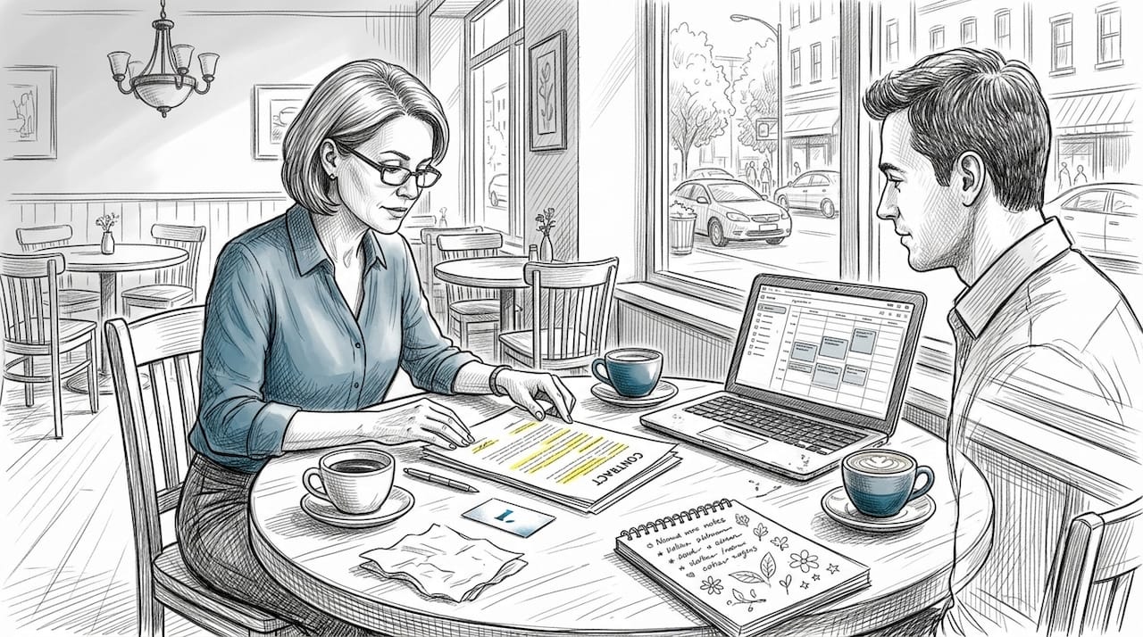 Client and business owner review contract in café