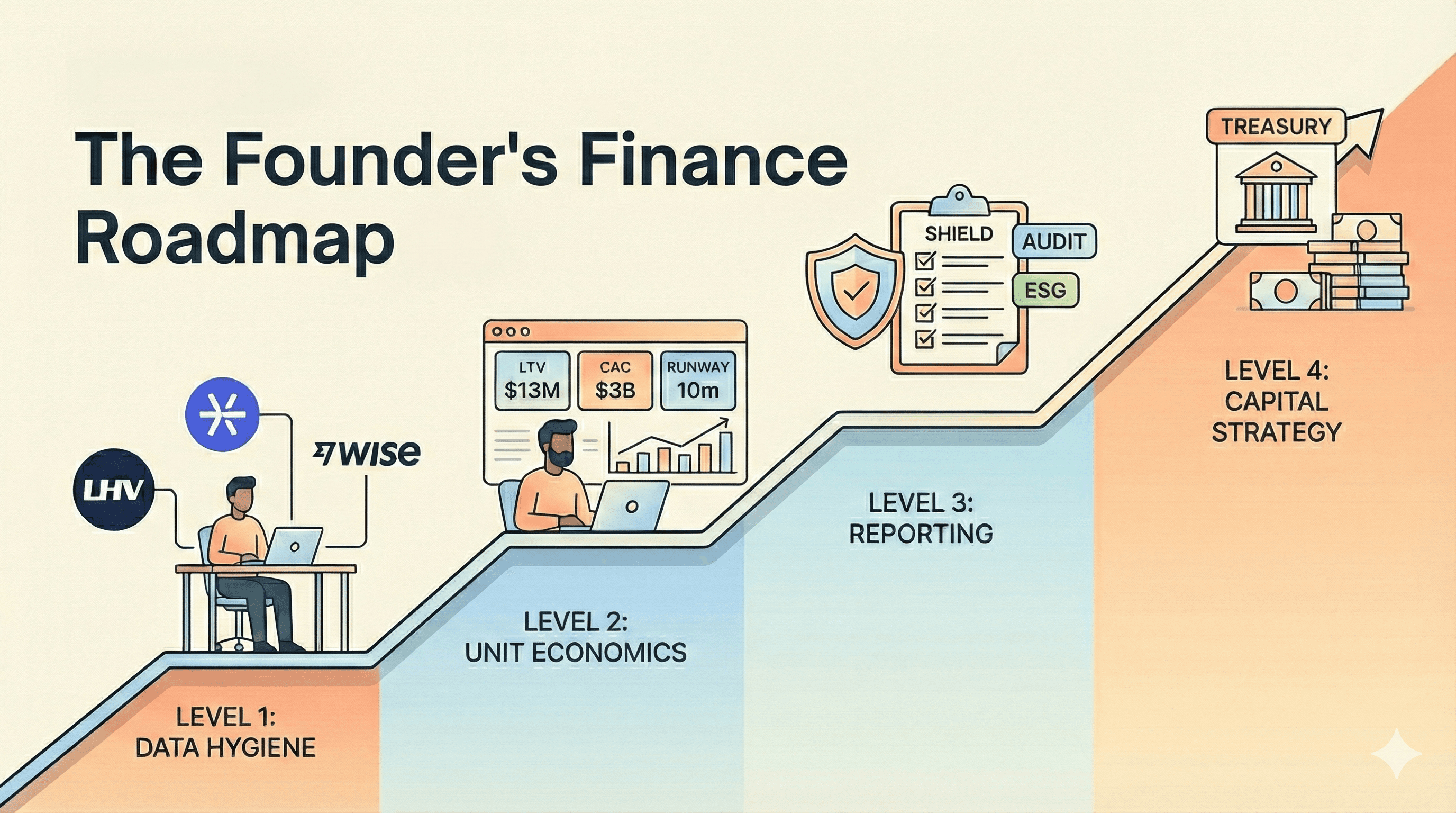Startup finance roadmap showing four levels from data hygiene to capital strategy
