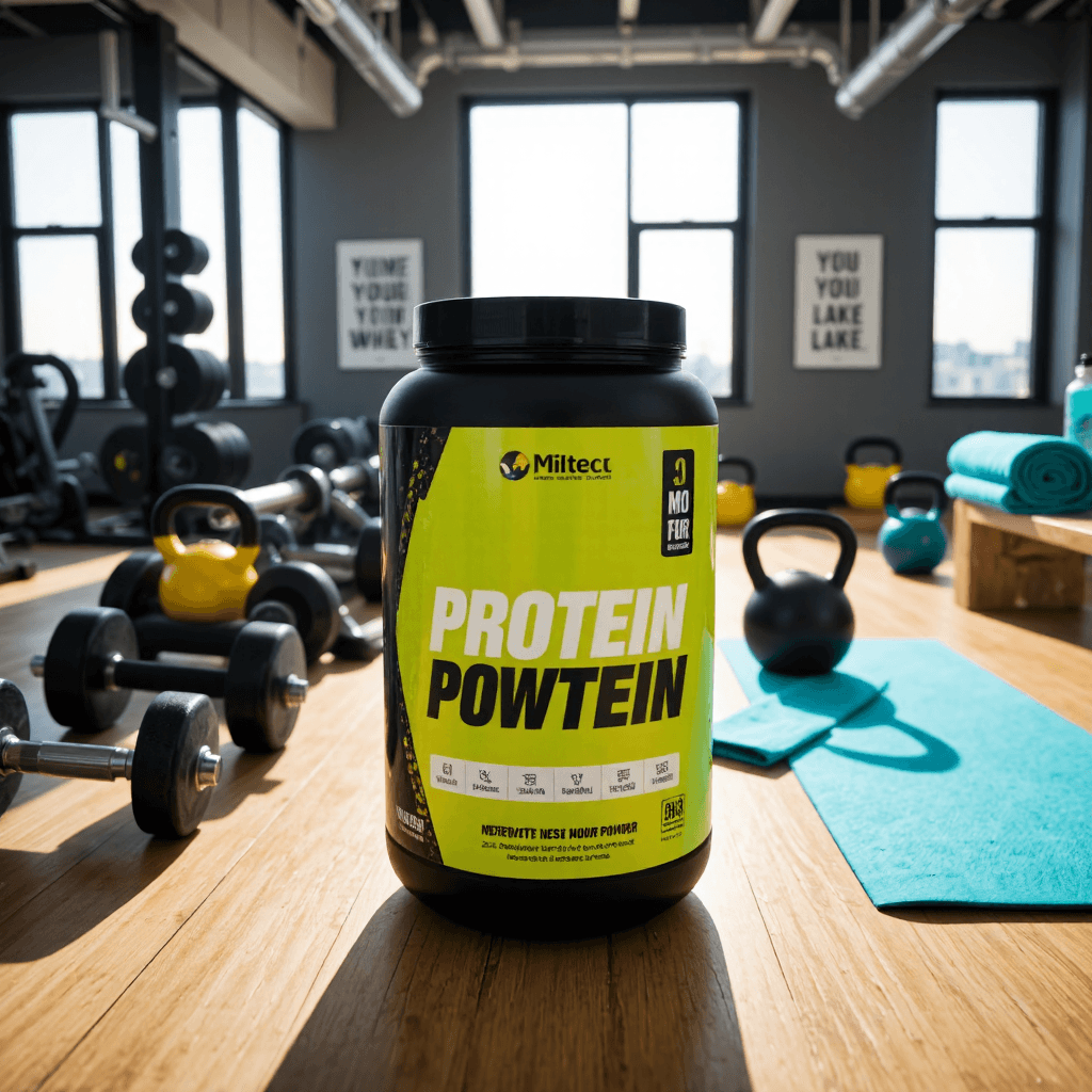 product photography of a container of protein powder