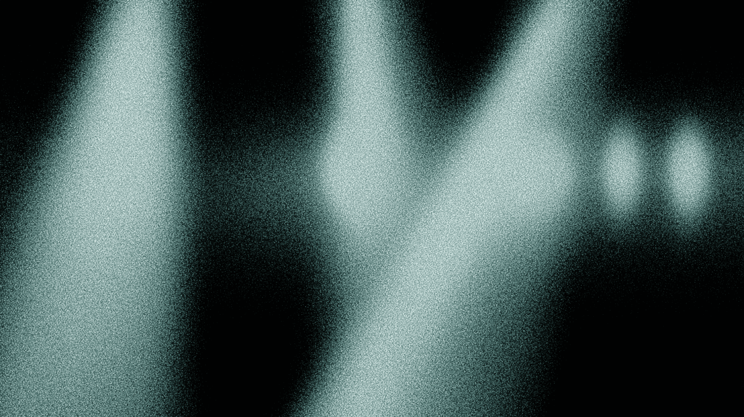 Abstract, grainy illustration on a black background with soft glowing mint-green vertical light forms, suggesting blurred audio waves or voice signal columns.