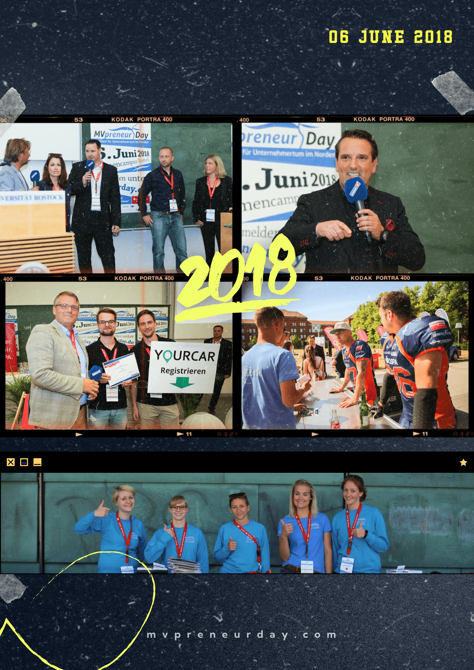 Veranstaltungsrückblick MVPRENEUR Day 2018: Szenen aus dem Publikum und von der Bühne. Zahl „2018“ prominent eingebunden.