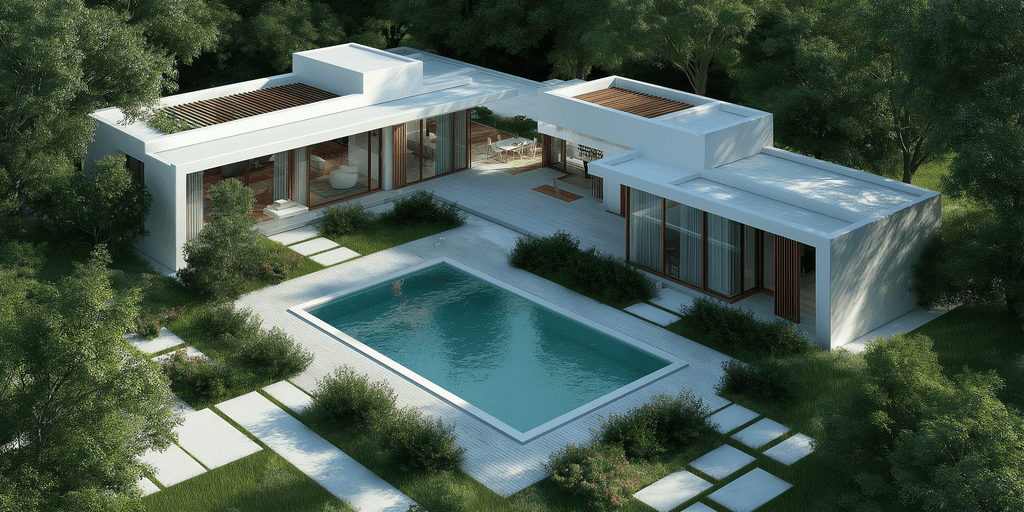 A high-angle shot of a contemporary single-story home with a flat roof and minimalist white exterior. The house is nestled within a dense grove of trees. A bright turquoise pool is the focal point of the courtyard, connected by geometric stone pavers and surrounded by low-profile landscaping. Large glass windows and wooden accents are visible on the house's facade.