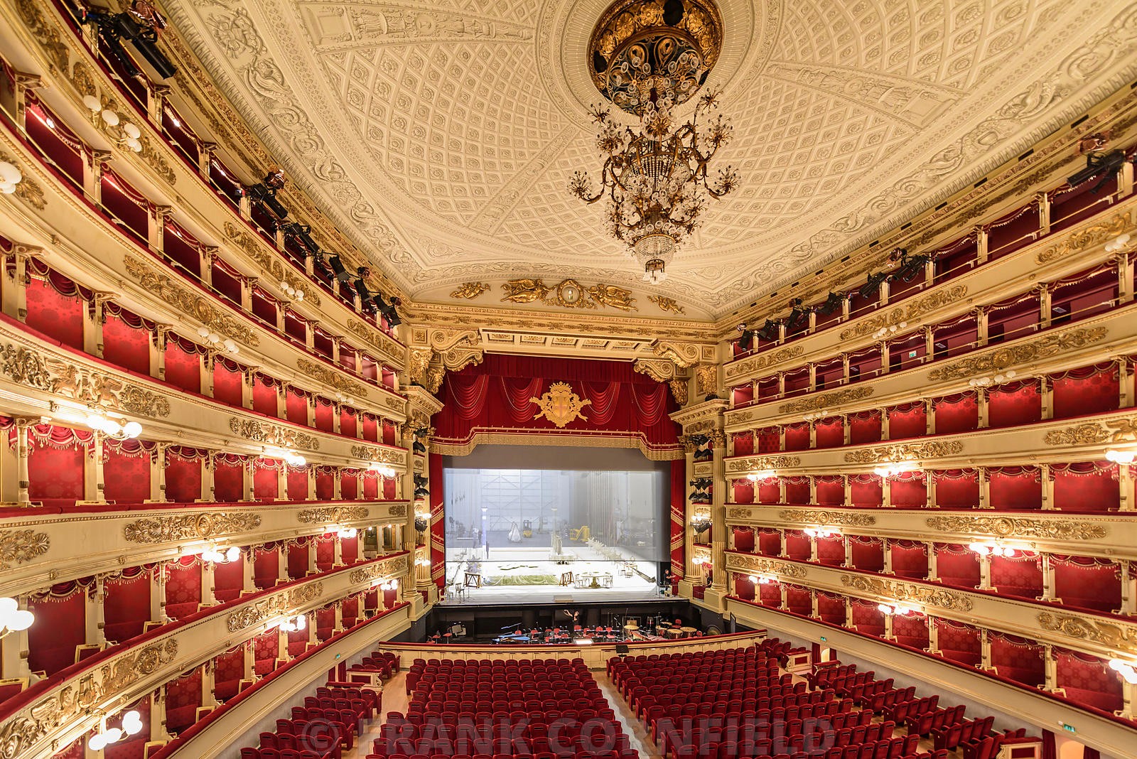 A view of the interior with stage and boxes of the La Scala Opera house in Milan.