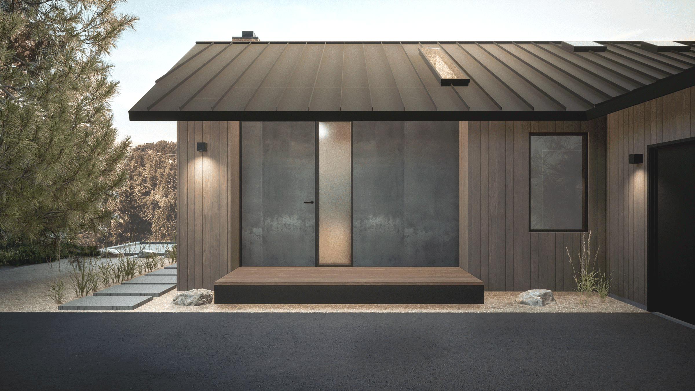 Architectural rendering of the front door featuring blackened steel panels inset into a wood clad wall.